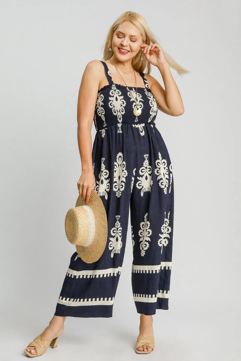 Umgee Full Size Smocked Printed Wide Leg Jumpsuit Plus Size - WYNFLARE