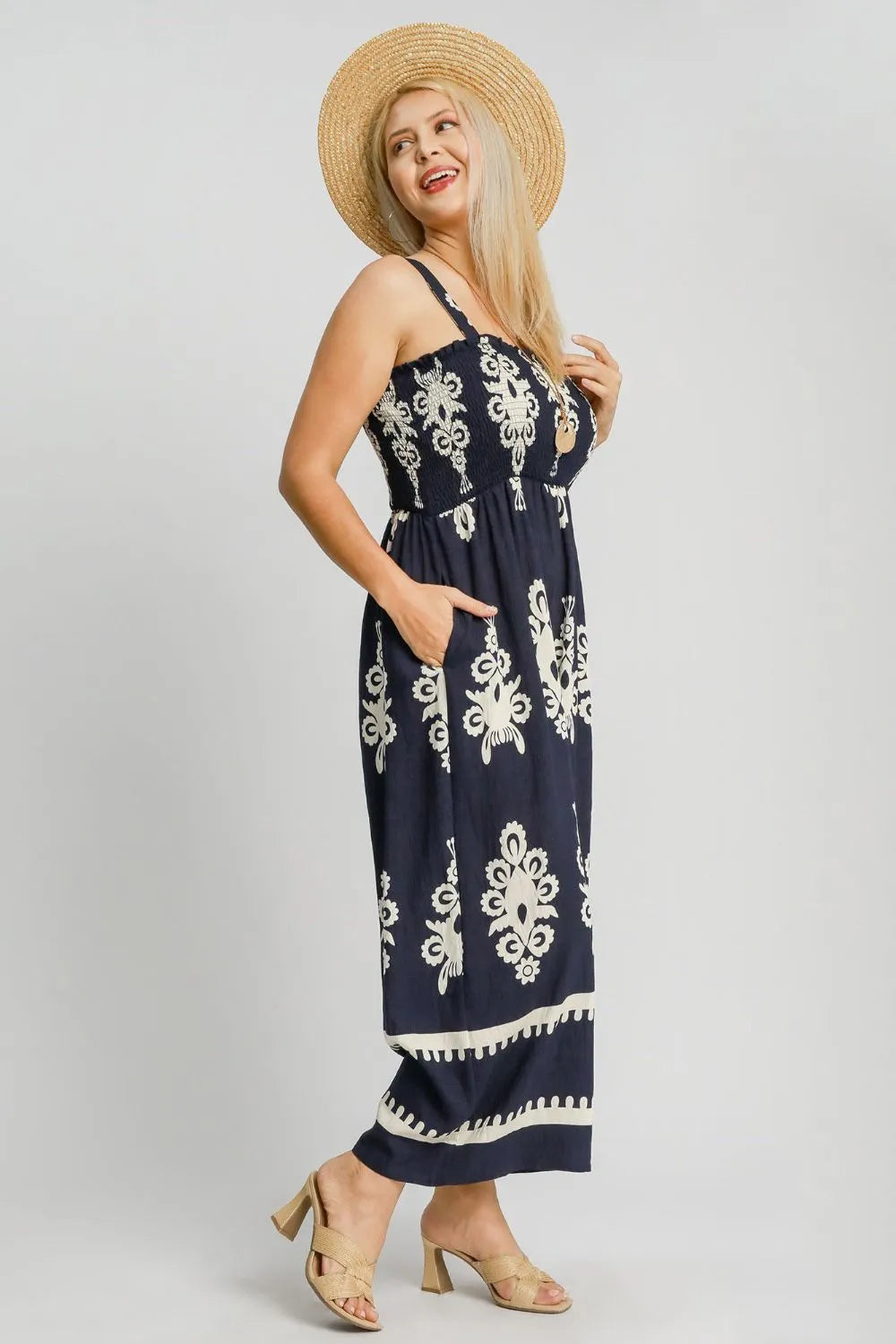 Umgee Full Size Smocked Printed Wide Leg Jumpsuit Plus Size - WYNFLARE