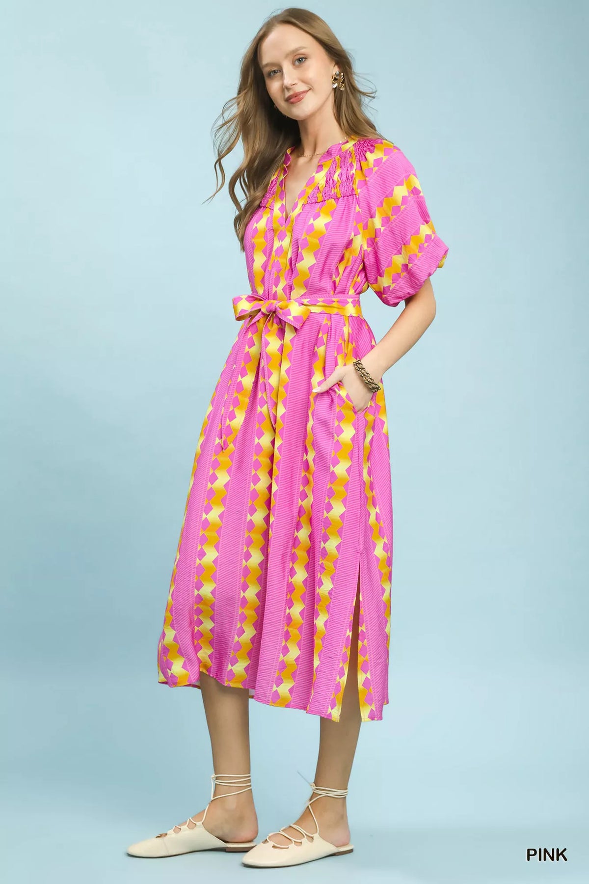 Umgee Geo Stripe Smocked Waist Tie Dress - WYNFLARE