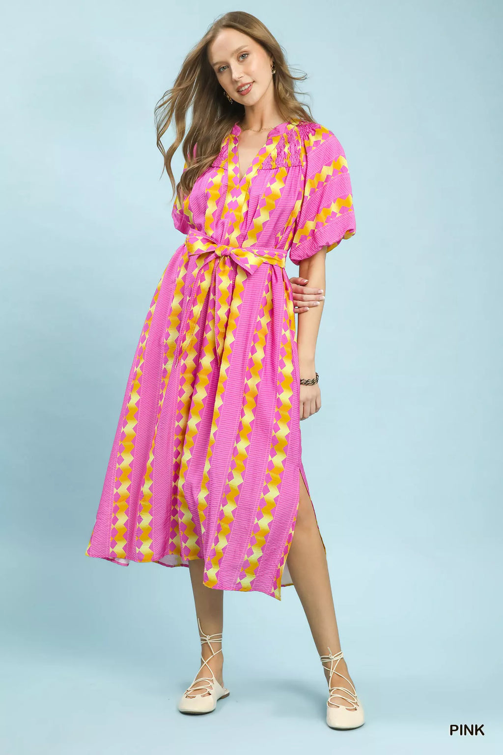 Umgee Geo Stripe Smocked Waist Tie Dress - WYNFLARE