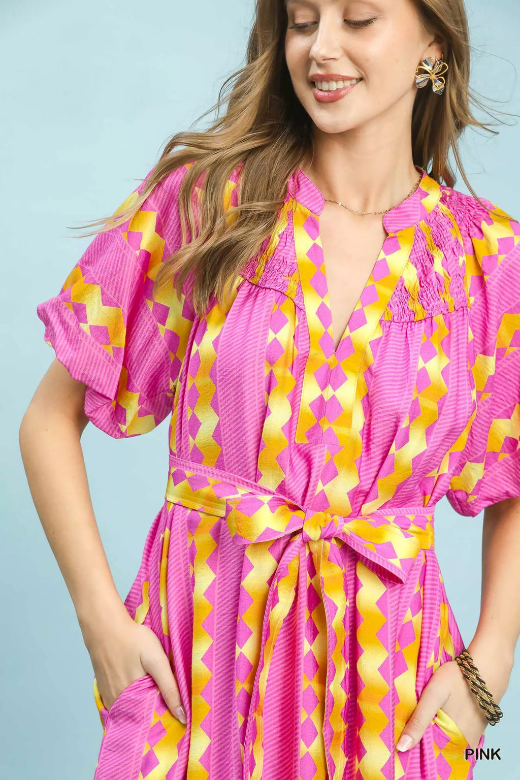 Umgee Geo Stripe Smocked Waist Tie Dress - WYNFLARE