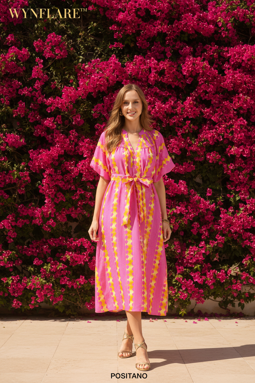 Umgee Geo Stripe Smocked Waist Tie Dress - WYNFLARE