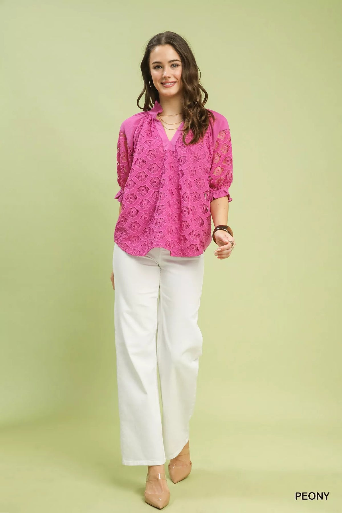Umgee Linen V-Neck Lace Puff Sleeve Top - WYNFLARE