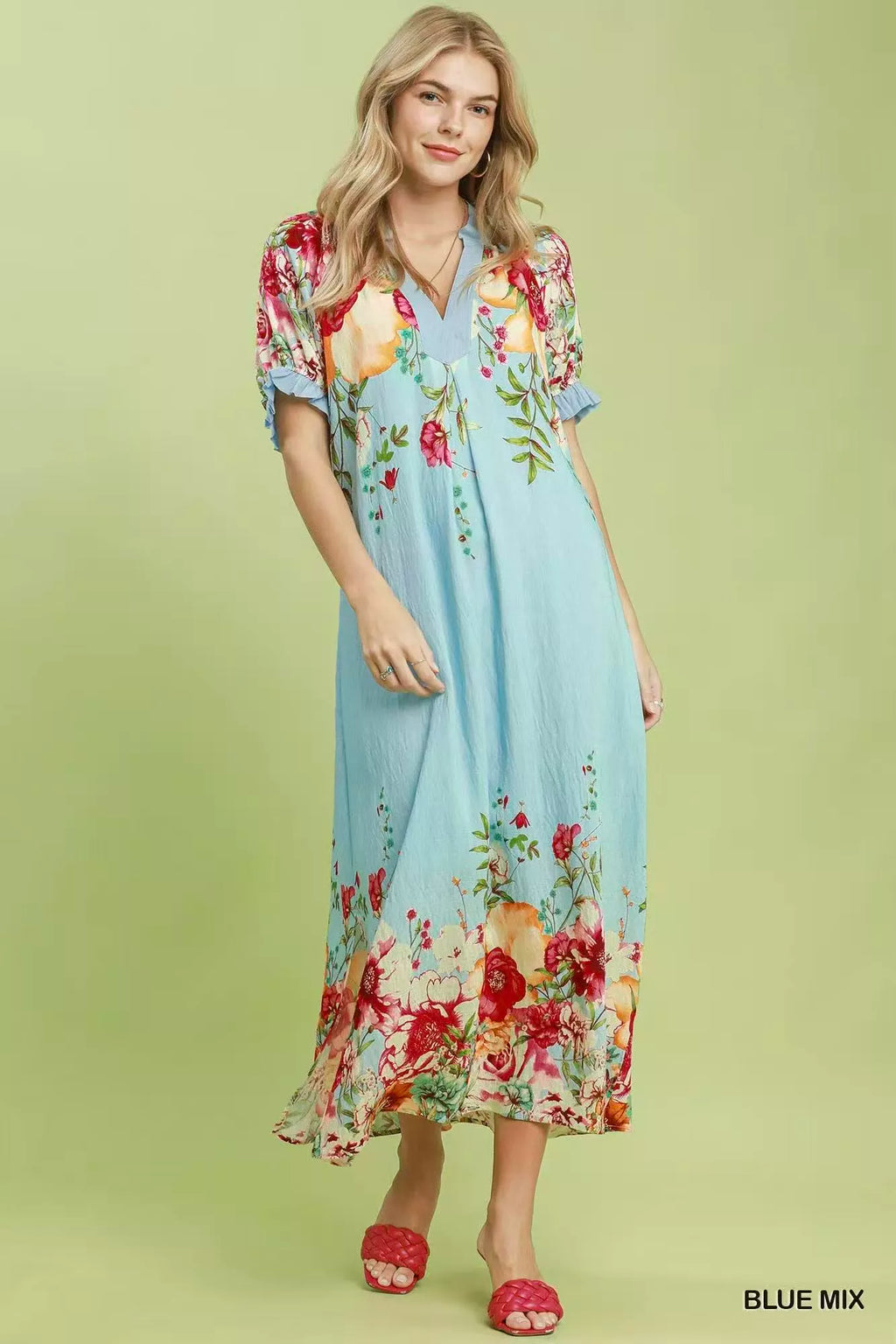 Umgee Mix Floral Border Print Midi Dress - WYNFLARE