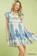 Umgee Mix Ruffle Sleeve Boho Print Dress - WYNFLARE