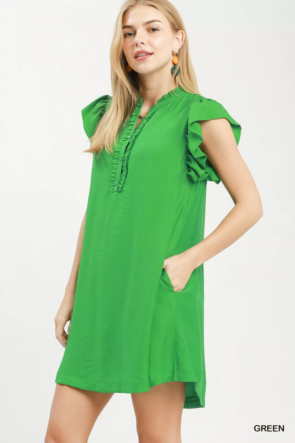 Umgee Ruffle Sleeve Henley Shift Dress - WYNFLARE
