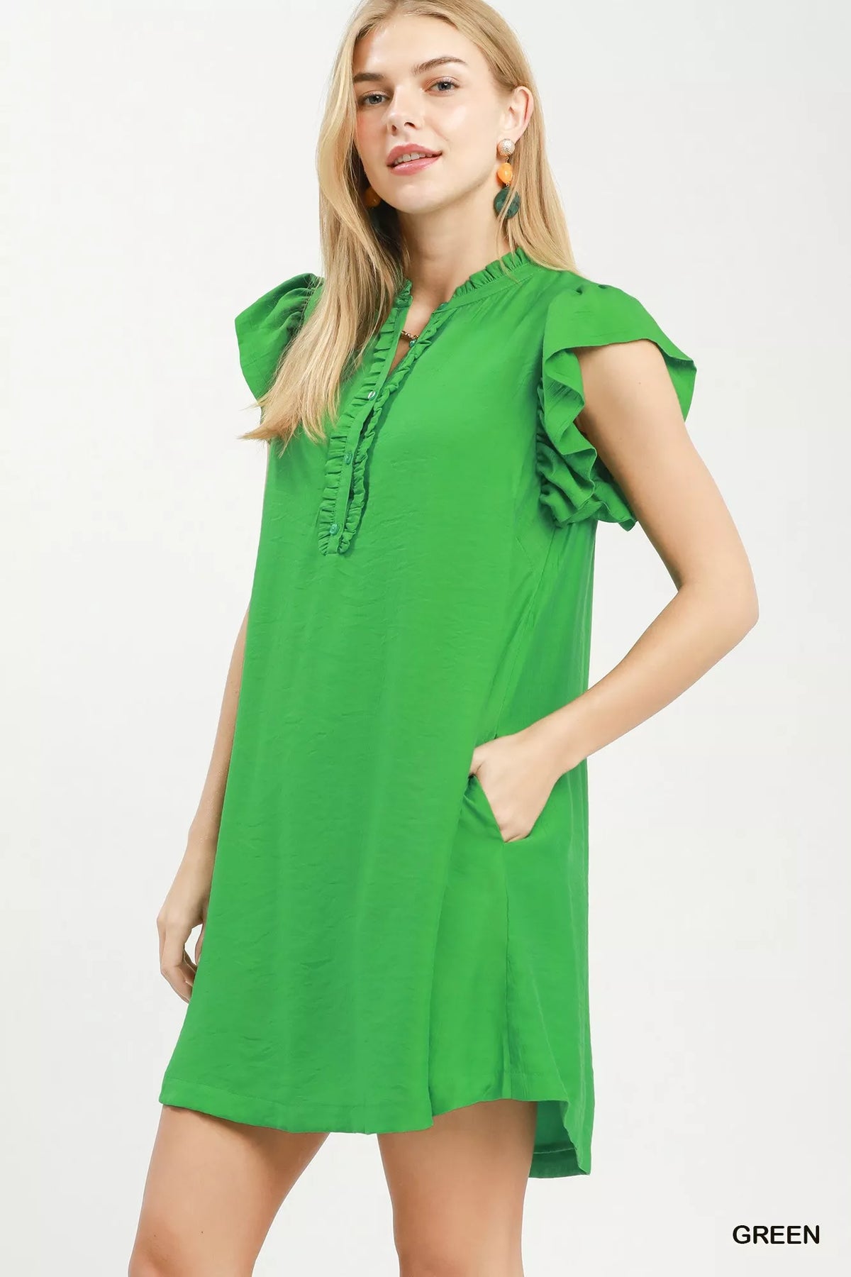 Umgee Ruffle Sleeve Henley Shift Dress - WYNFLARE