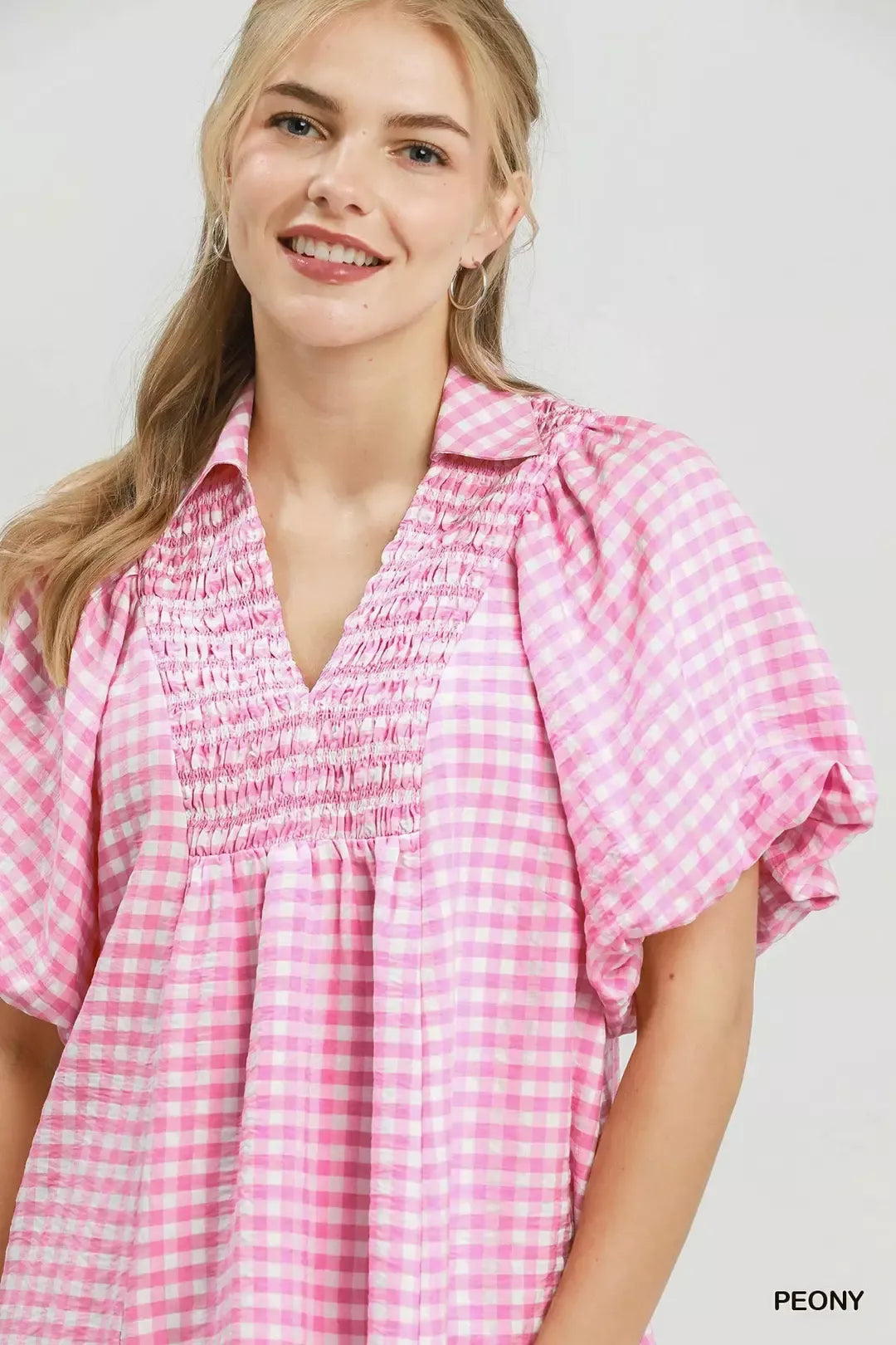 Umgee Smocked Yoke Puff Sleeve Gingham Blouse - WYNFLARE