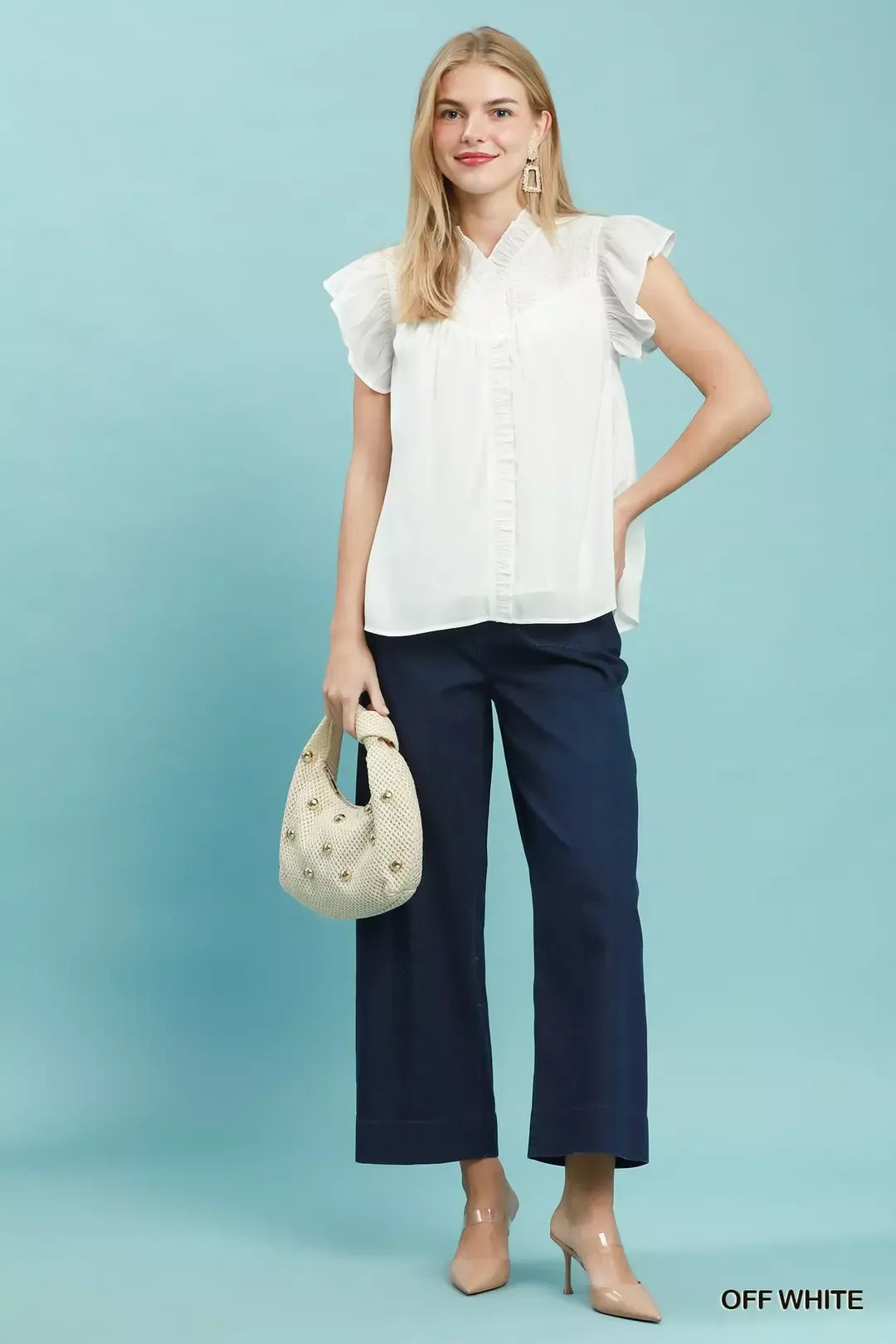 Umgee Smocked Yoke Ruffle Sleeve Blouse - WYNFLARE