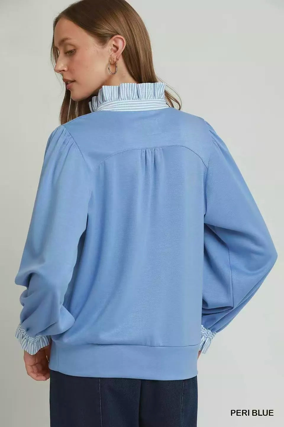 Umgee Stripe Ruffle Neck Long Sleeve Top - WYNFLARE