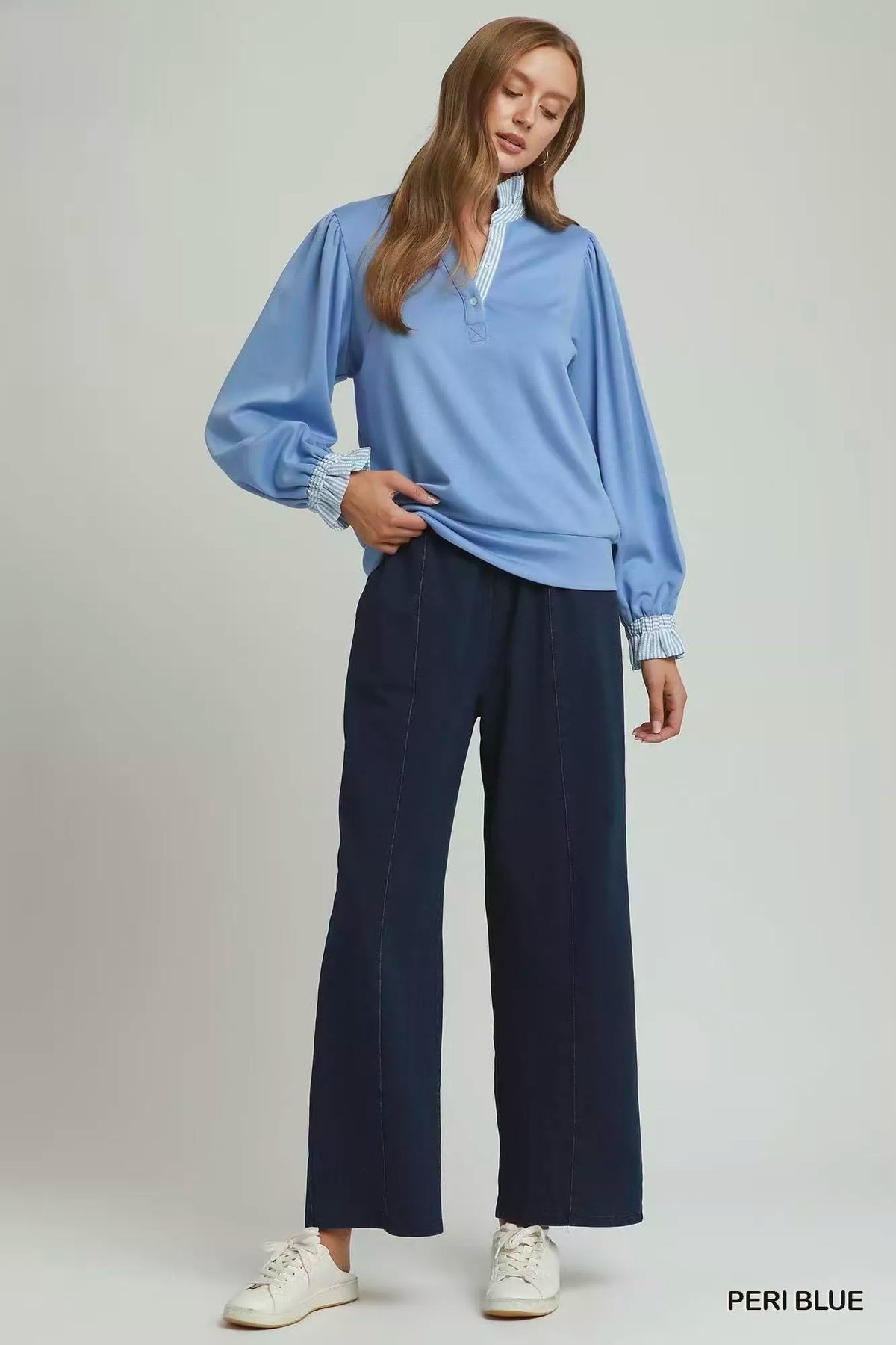 Umgee Stripe Ruffle Neck Long Sleeve Top - WYNFLARE