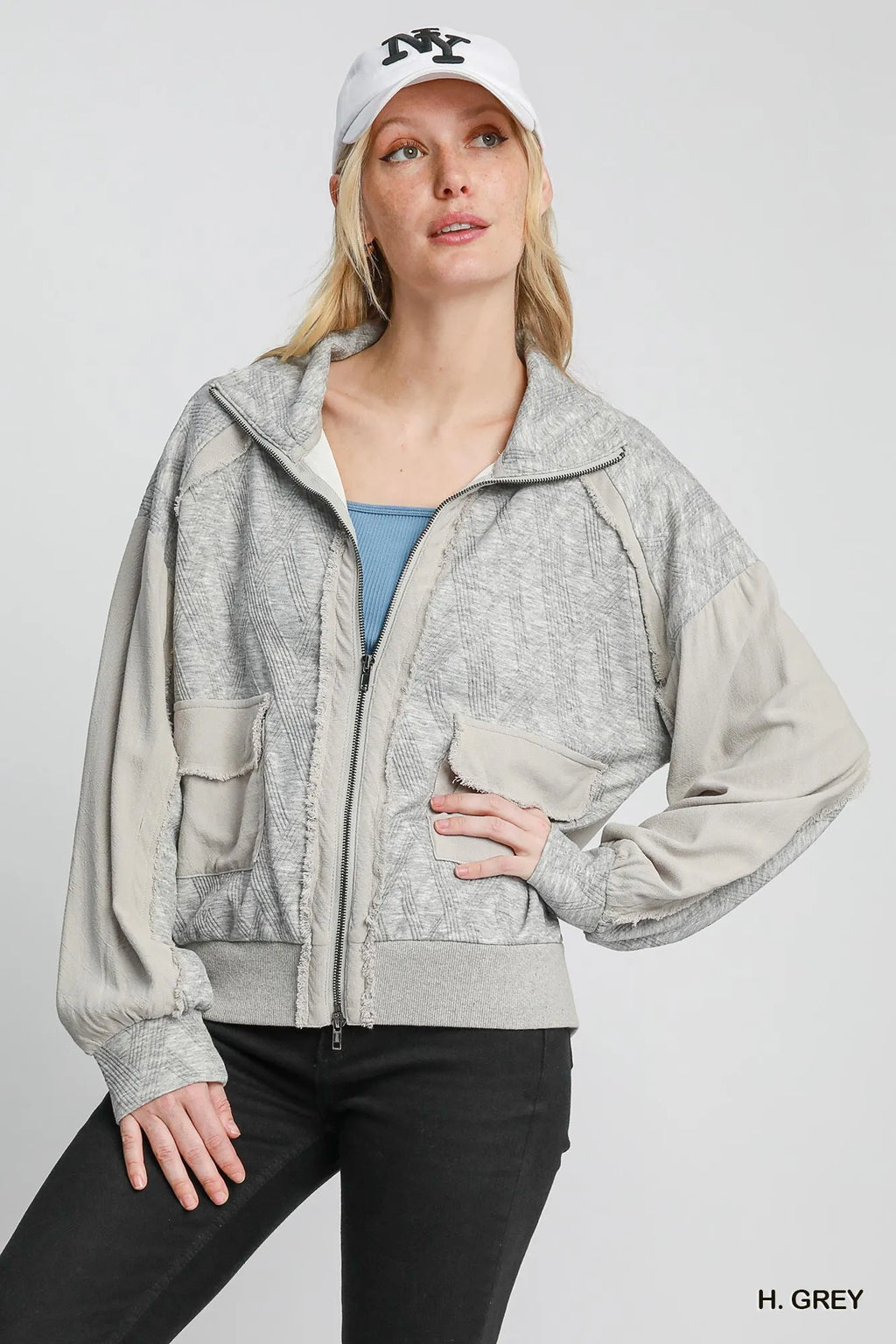 Umgee Two-Way Jacquard Zip-Up Jacket - WYNFLARE