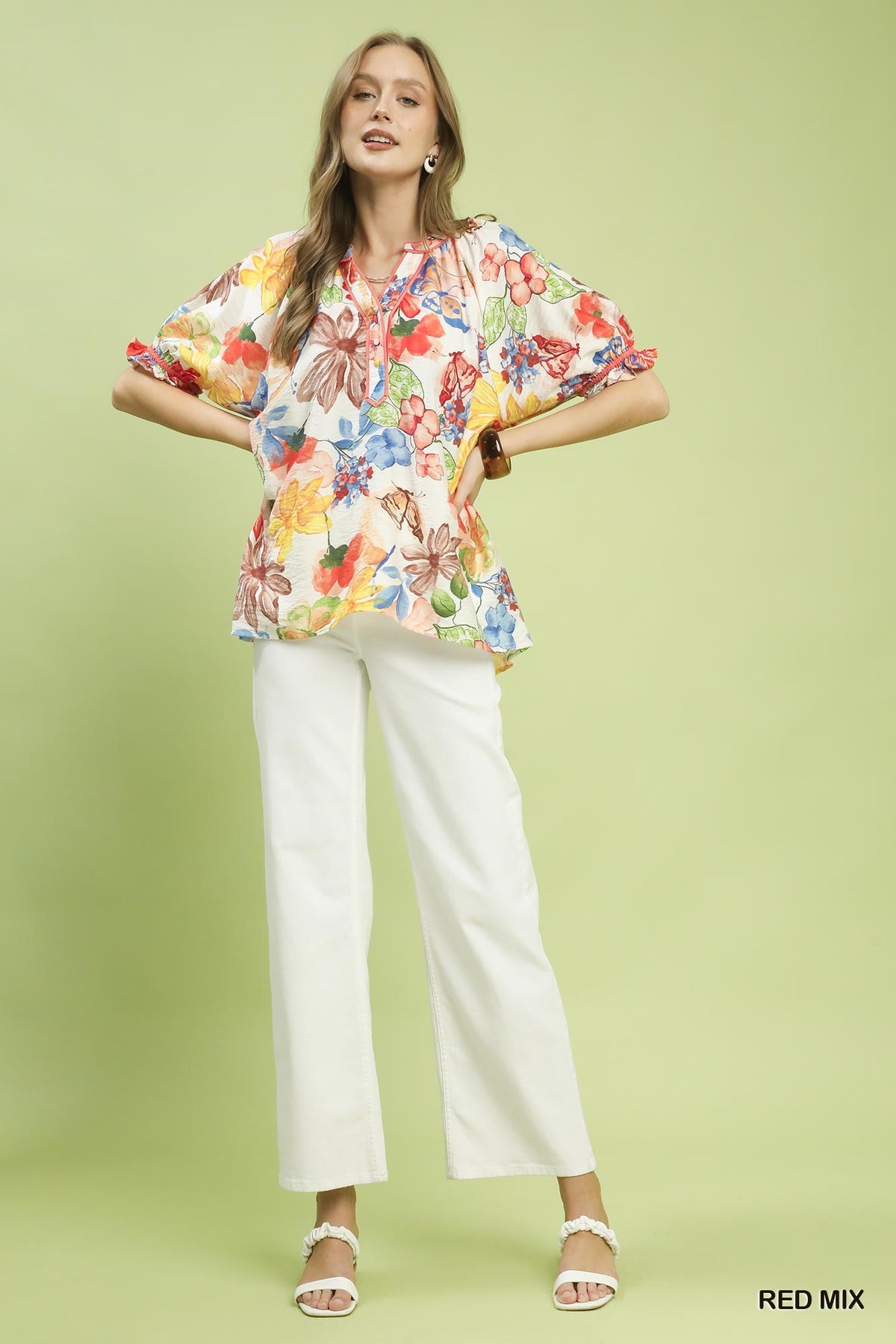 Umgee Watercolor Floral Print Top with High-Low Hem - WYNFLARE