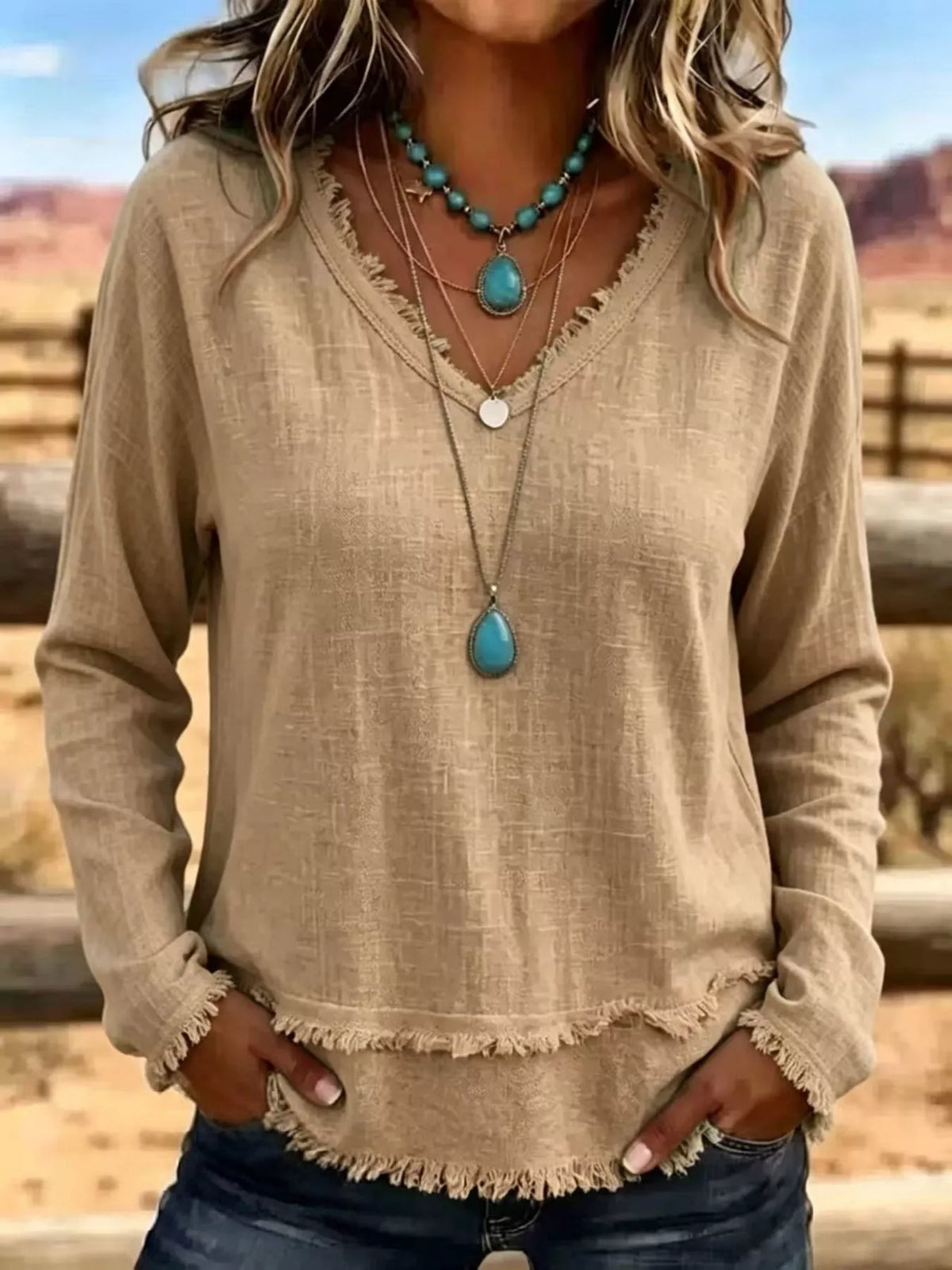 V-Neck Frayed Hem Long Sleeve T-Shirt - WYNFLARE