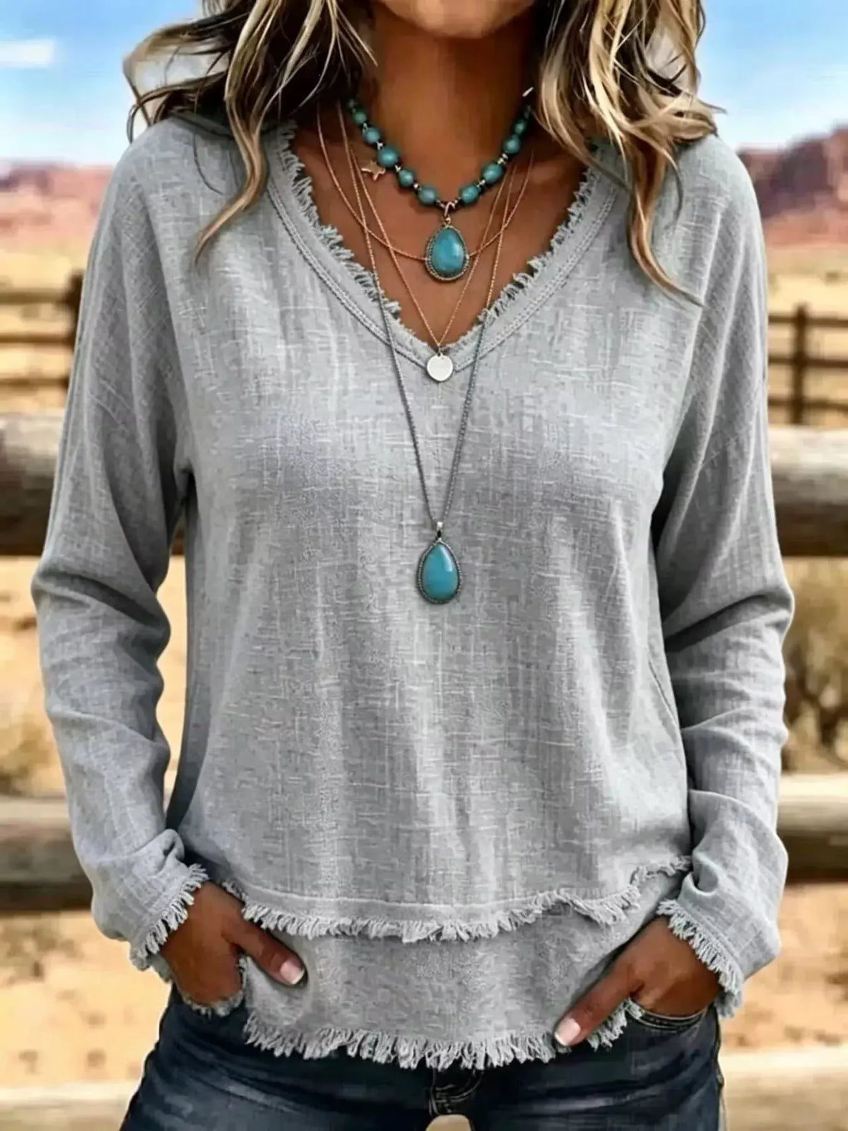 V-Neck Frayed Hem Long Sleeve T-Shirt - WYNFLARE