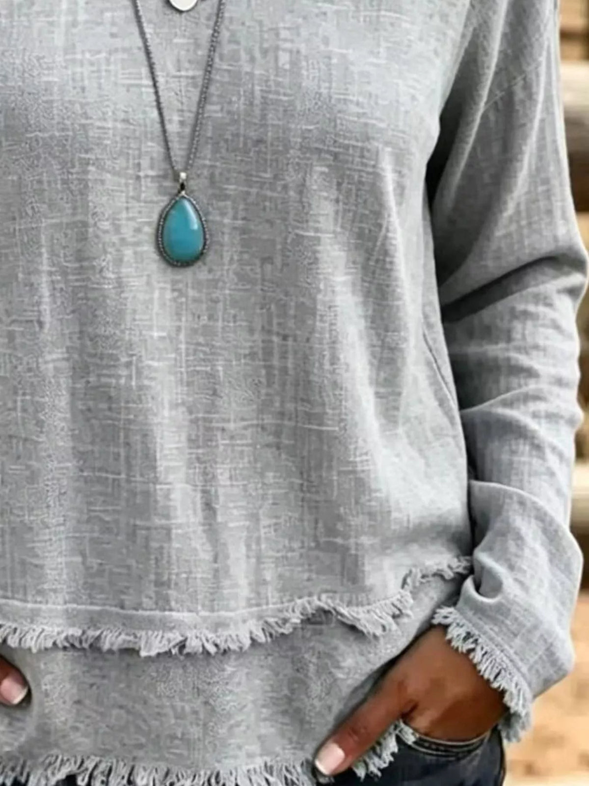 V-Neck Frayed Hem Long Sleeve T-Shirt - WYNFLARE