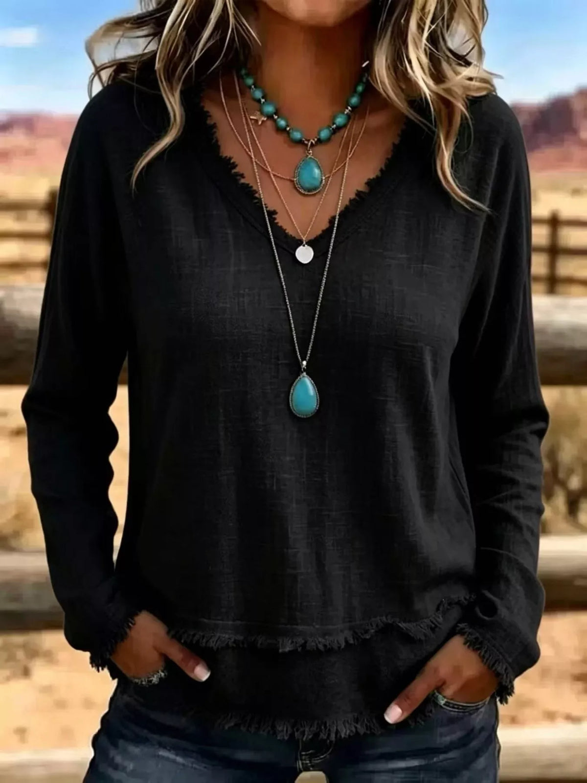 V-Neck Frayed Hem Long Sleeve T-Shirt - WYNFLARE
