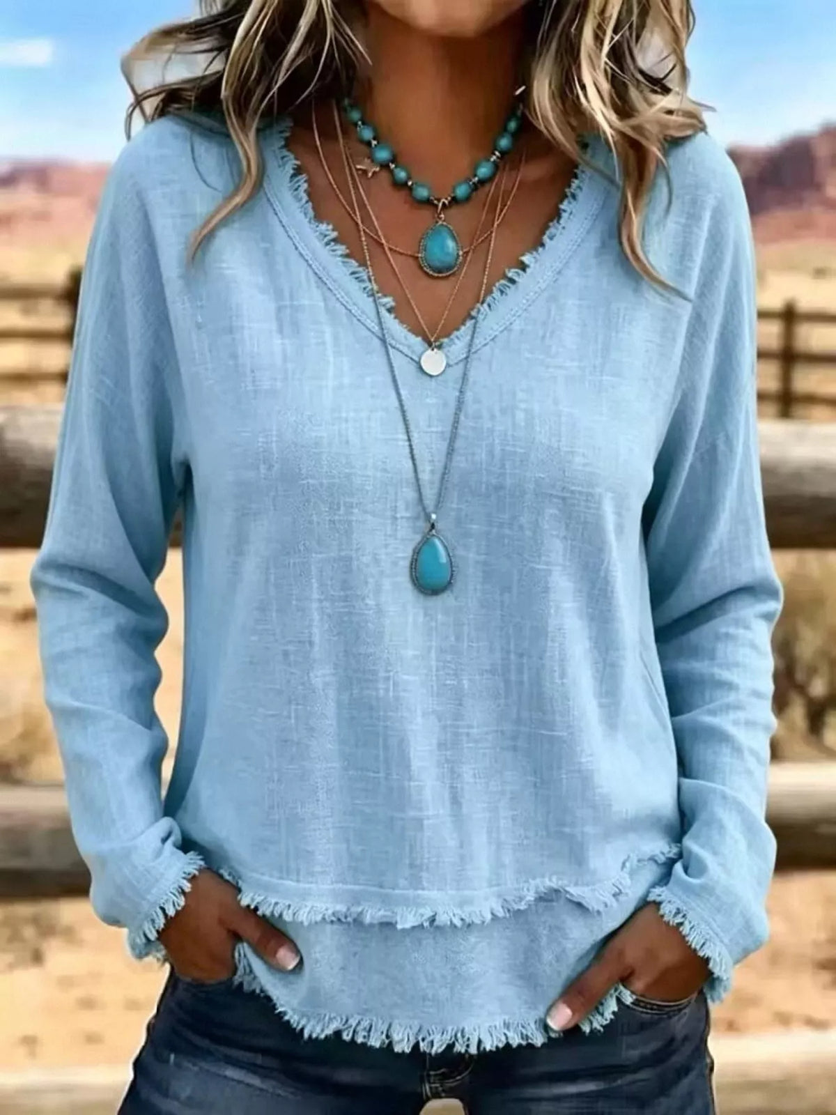 V-Neck Frayed Hem Long Sleeve T-Shirt - WYNFLARE