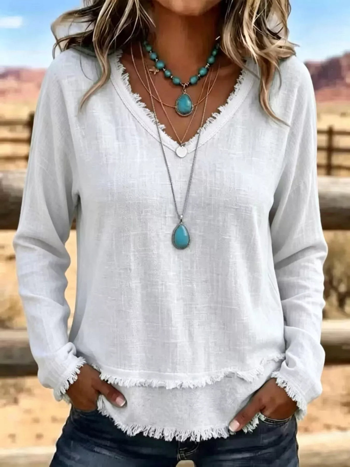 V-Neck Frayed Hem Long Sleeve T-Shirt - WYNFLARE