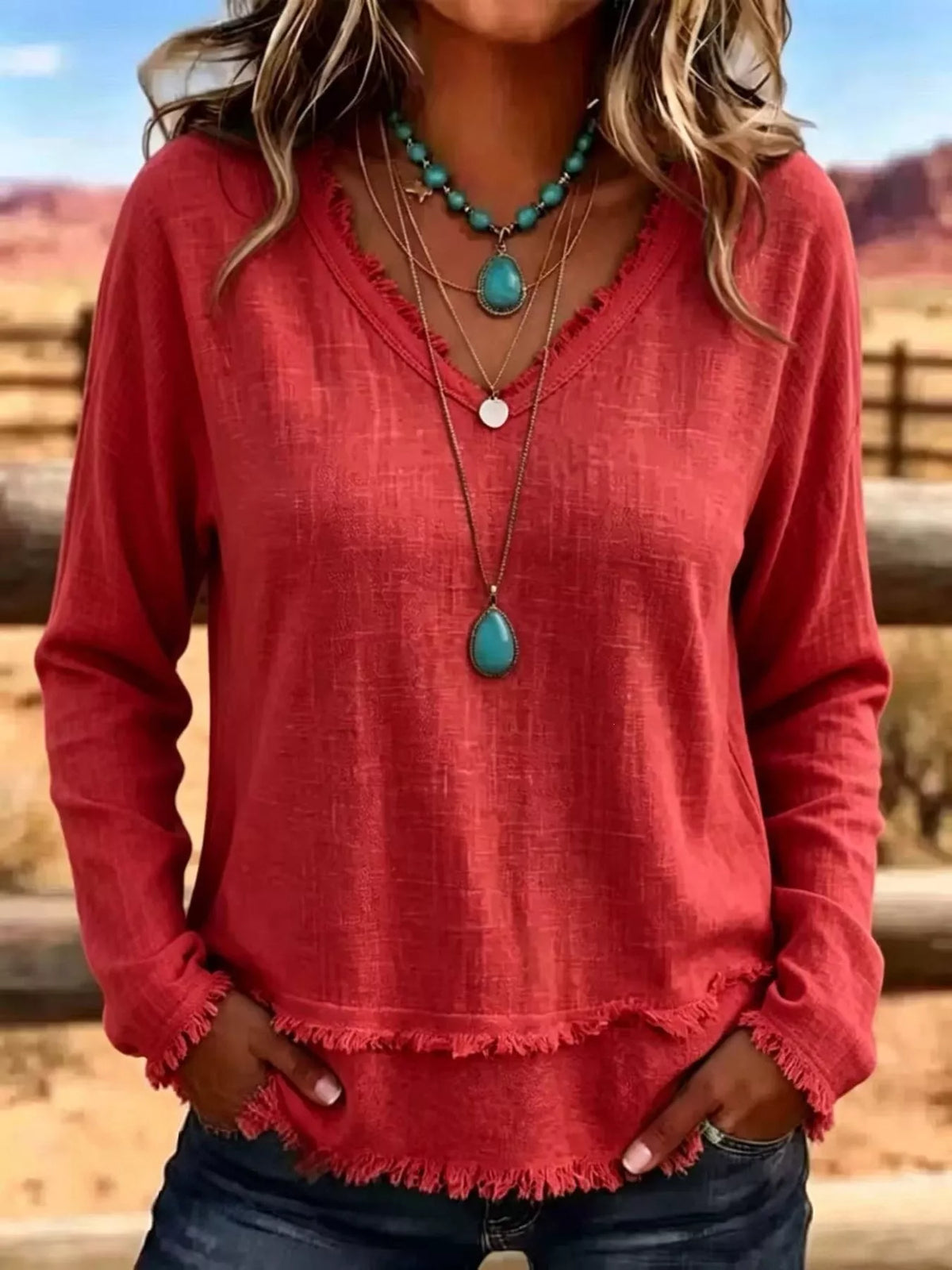 V-Neck Frayed Hem Long Sleeve T-Shirt - WYNFLARE