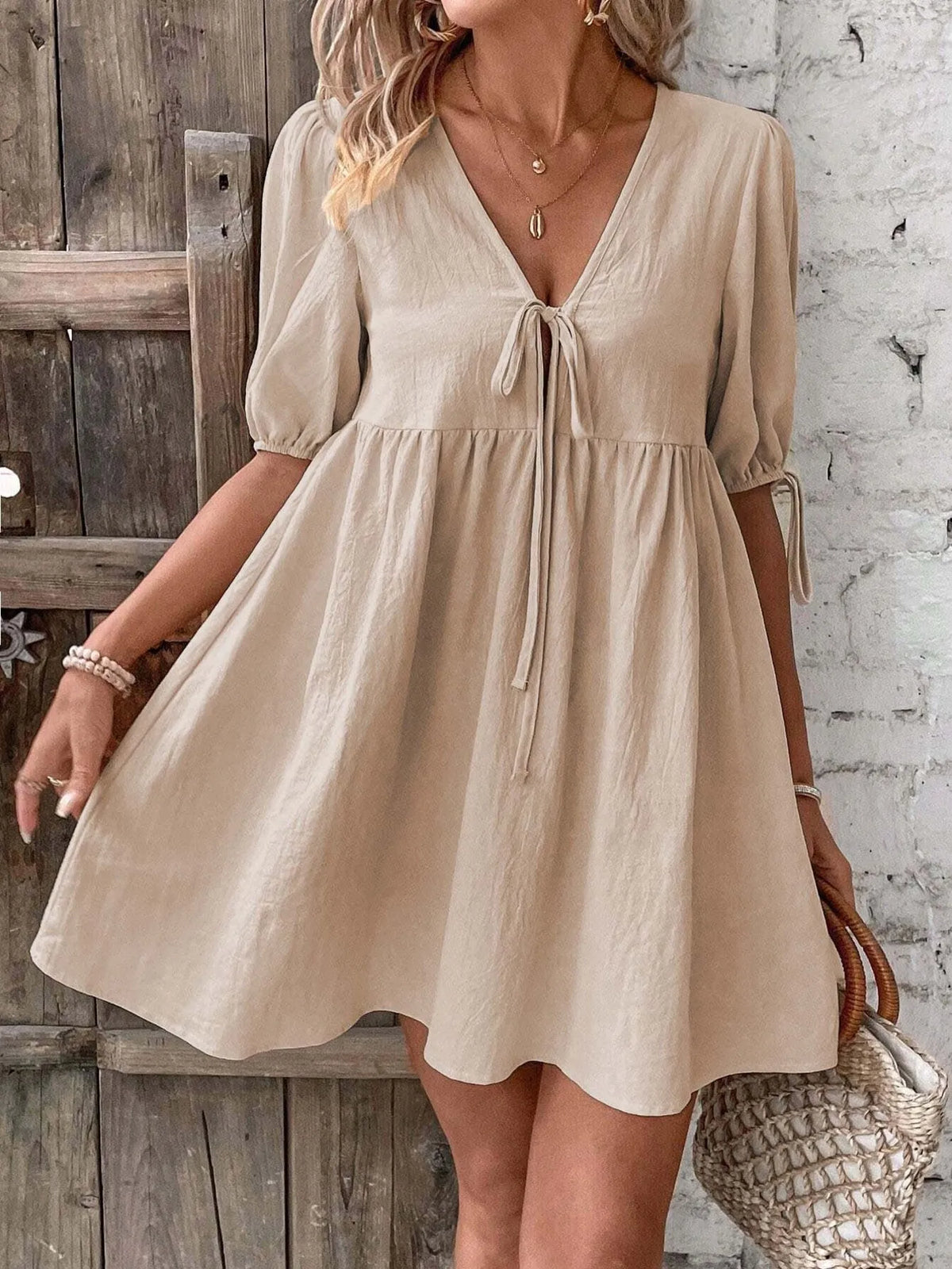 V-Neck Tie-Front Mini Dress with Puff Sleeves - WYNFLARE