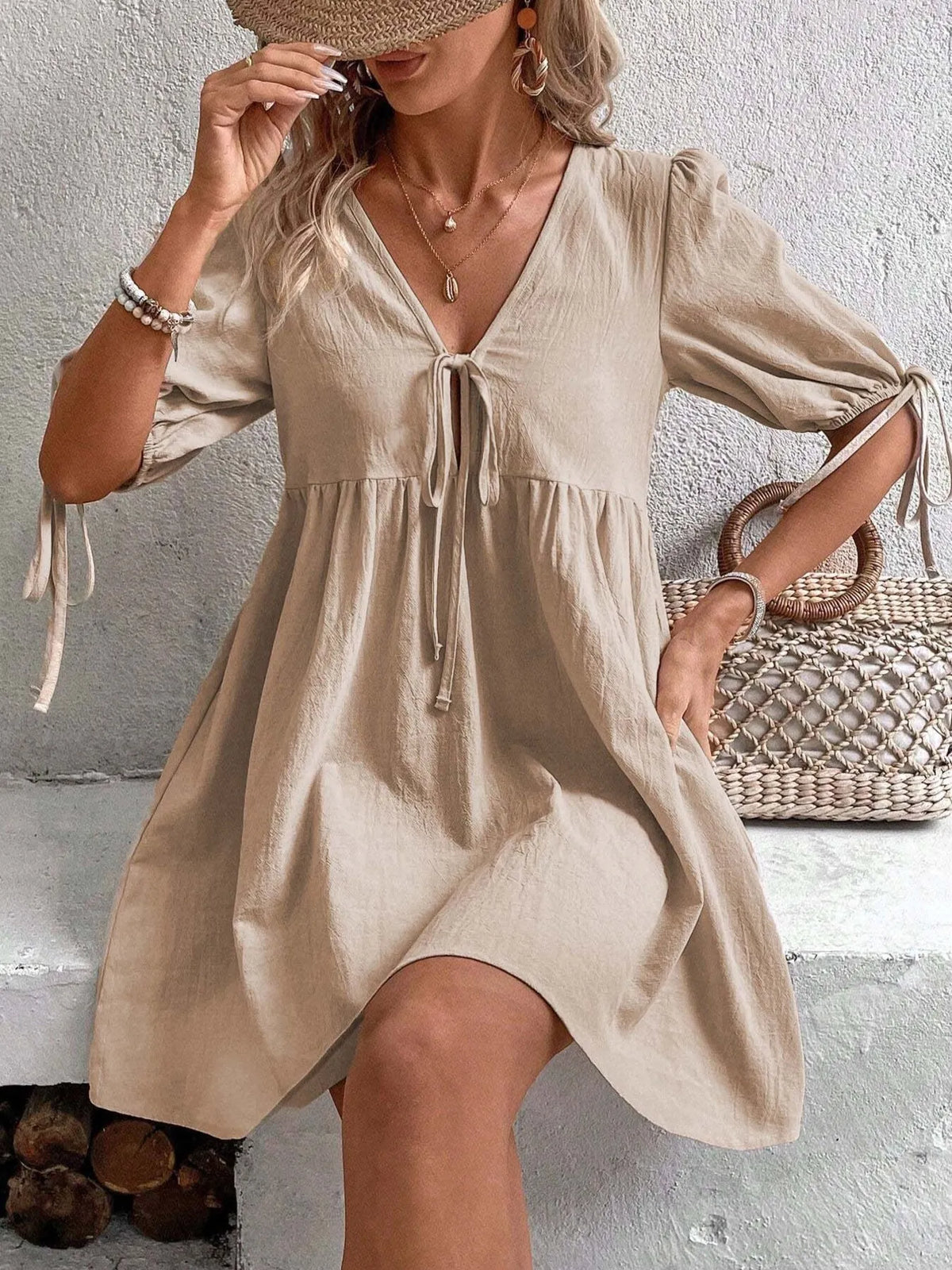 V-Neck Tie-Front Mini Dress with Puff Sleeves - WYNFLARE