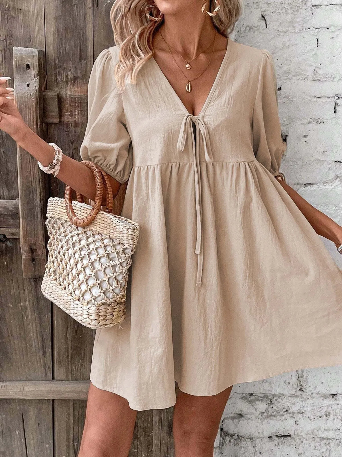 V-Neck Tie-Front Mini Dress with Puff Sleeves - WYNFLARE