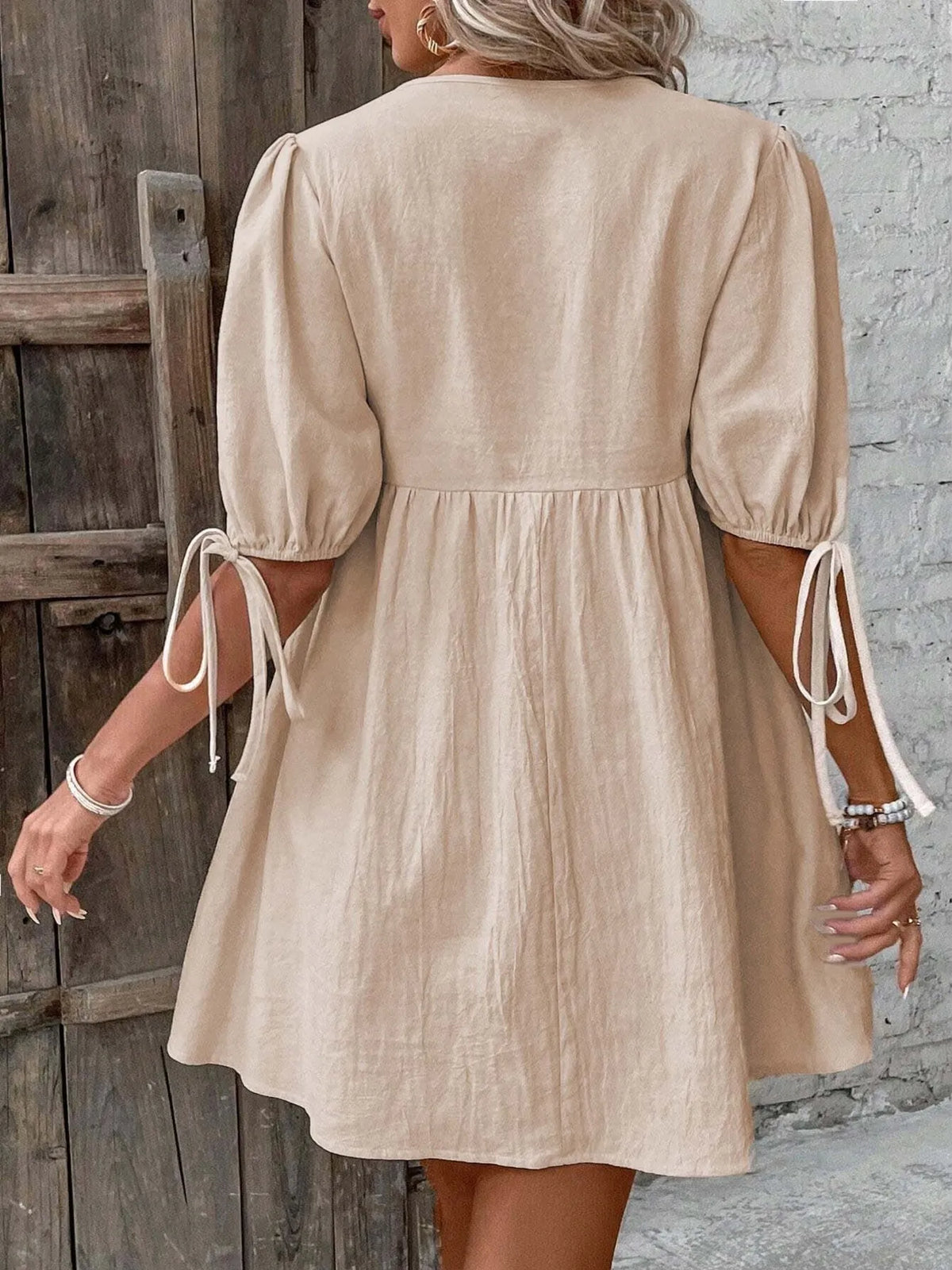 V-Neck Tie-Front Mini Dress with Puff Sleeves - WYNFLARE
