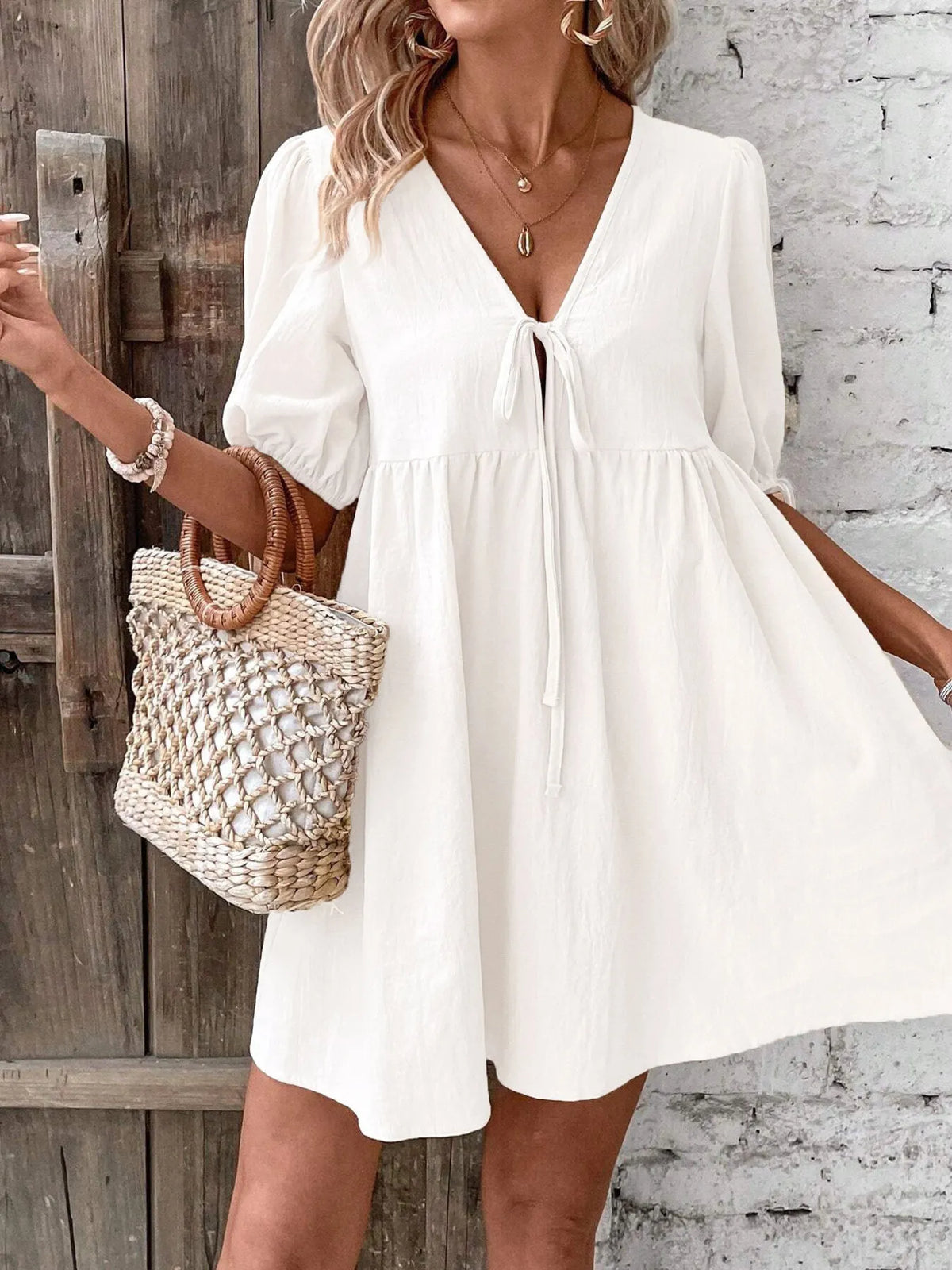 V-Neck Tie-Front Mini Dress with Puff Sleeves - WYNFLARE