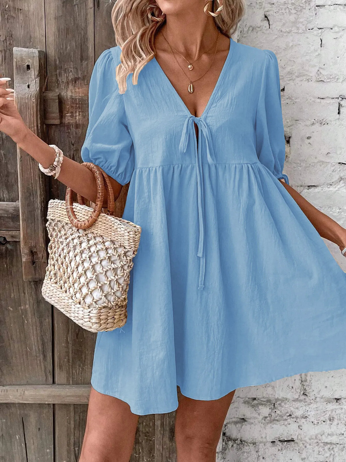 V-Neck Tie-Front Mini Dress with Puff Sleeves - WYNFLARE