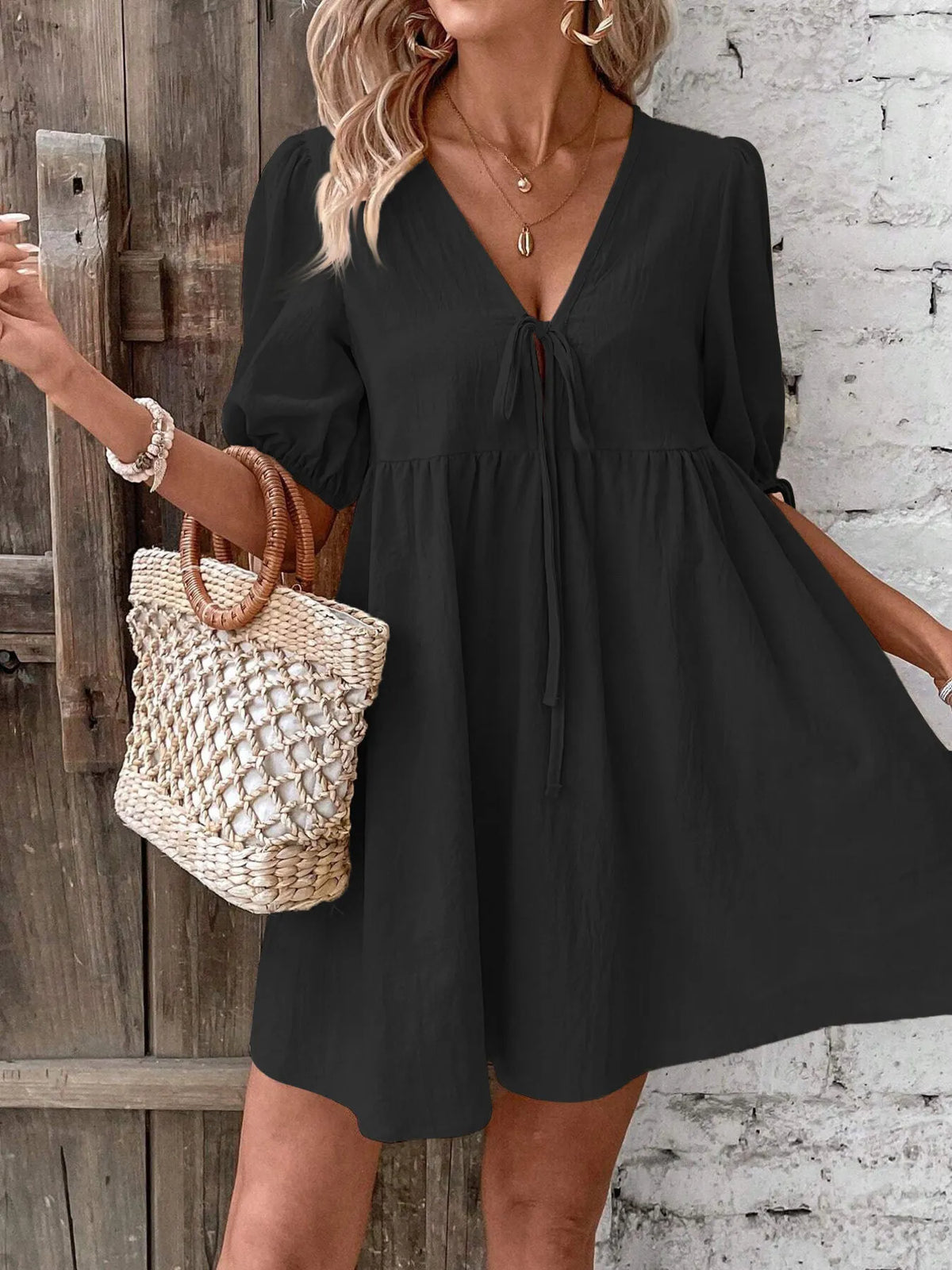 V-Neck Tie-Front Mini Dress with Puff Sleeves - WYNFLARE