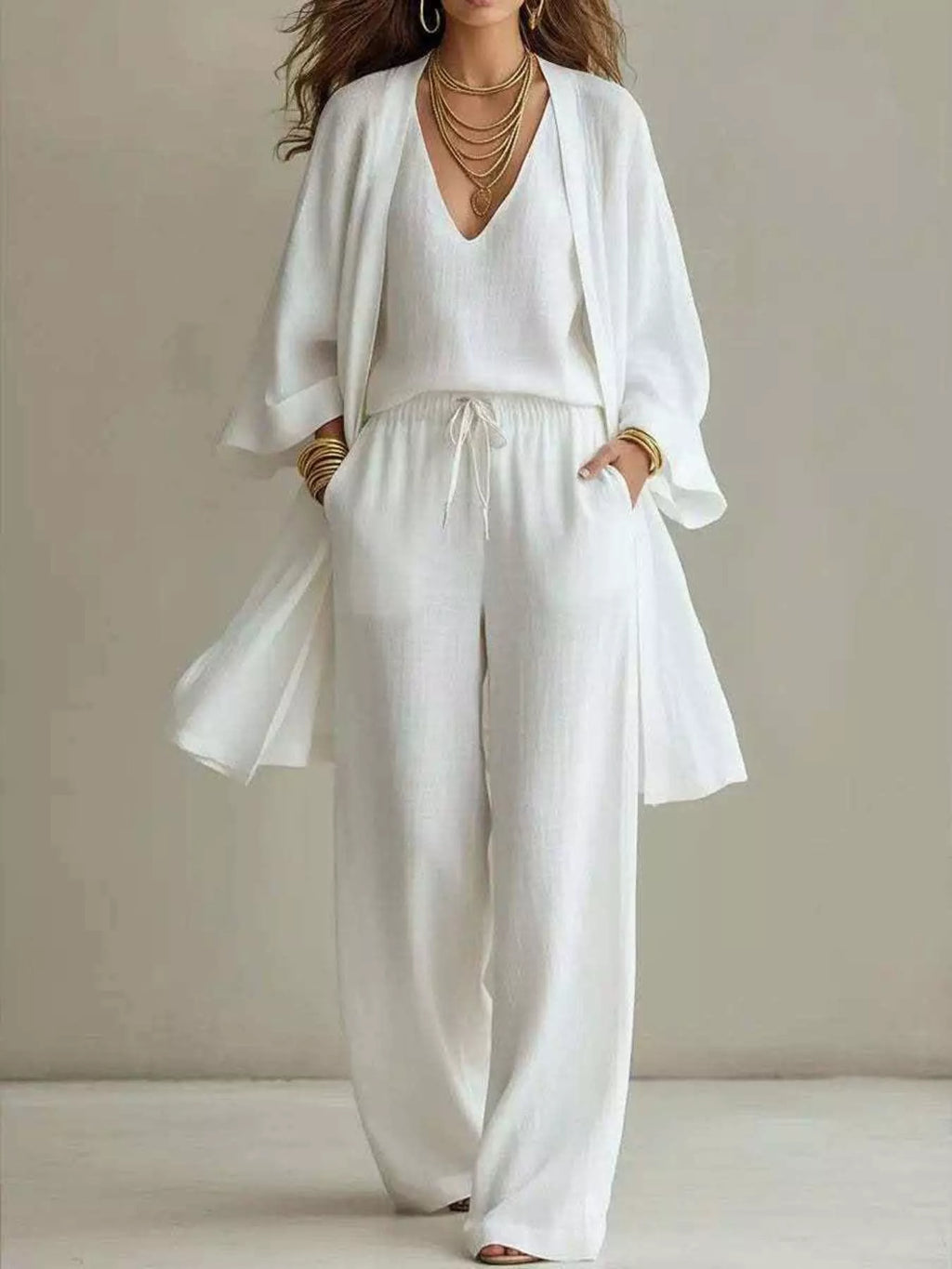 V-Neck Top & Cardigan & Pants Three-Piece Set - WYNFLARE