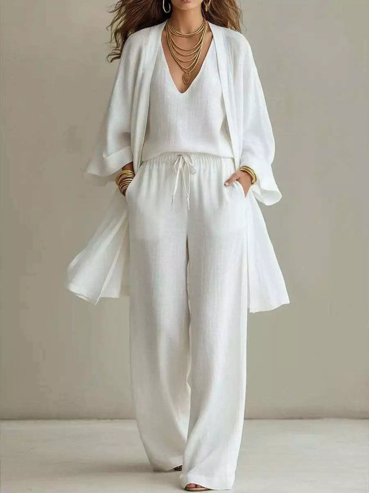V-Neck Top & Cardigan & Pants Three-Piece Set - WYNFLARE
