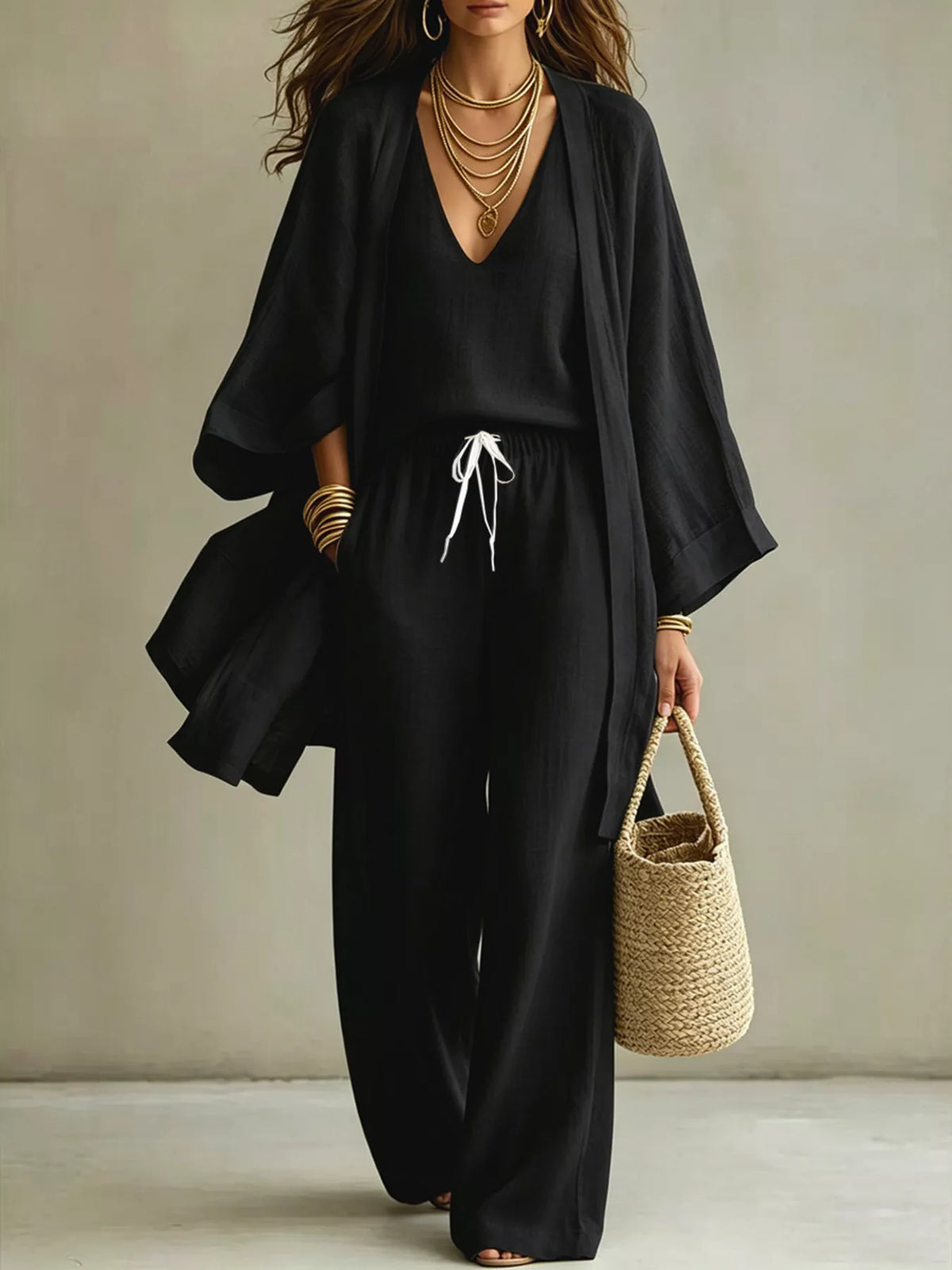 V-Neck Top & Cardigan & Pants Three-Piece Set - WYNFLARE