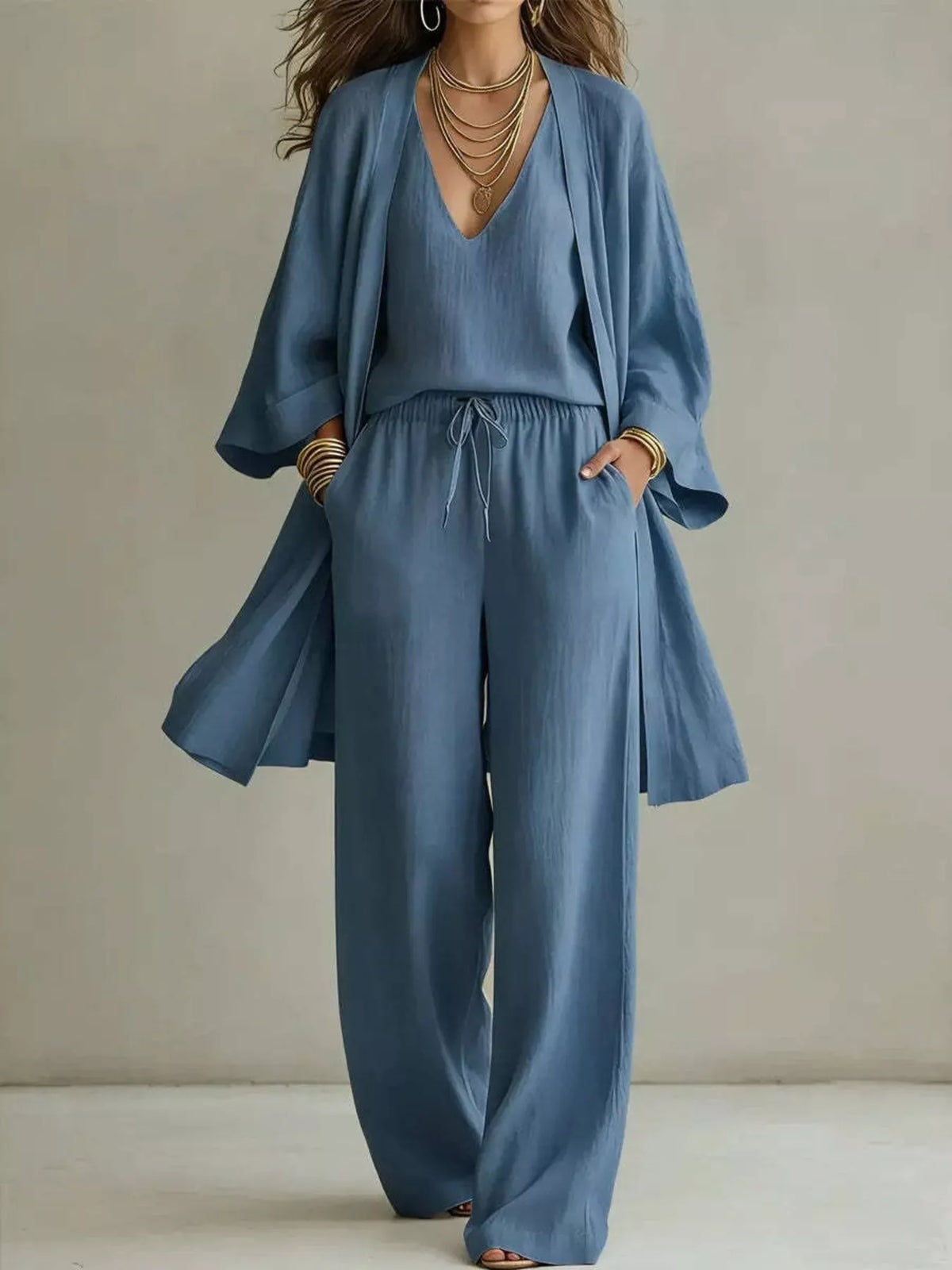 V-Neck Top & Cardigan & Pants Three-Piece Set - WYNFLARE