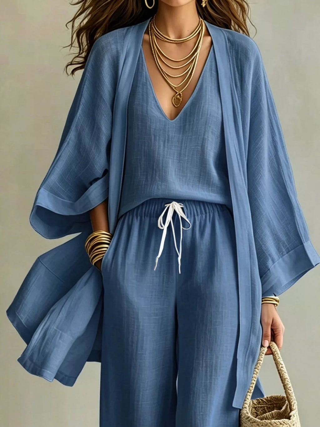 V-Neck Top & Cardigan & Pants Three-Piece Set - WYNFLARE