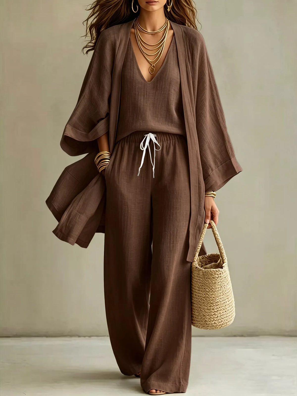 V-Neck Top & Cardigan & Pants Three-Piece Set - WYNFLARE