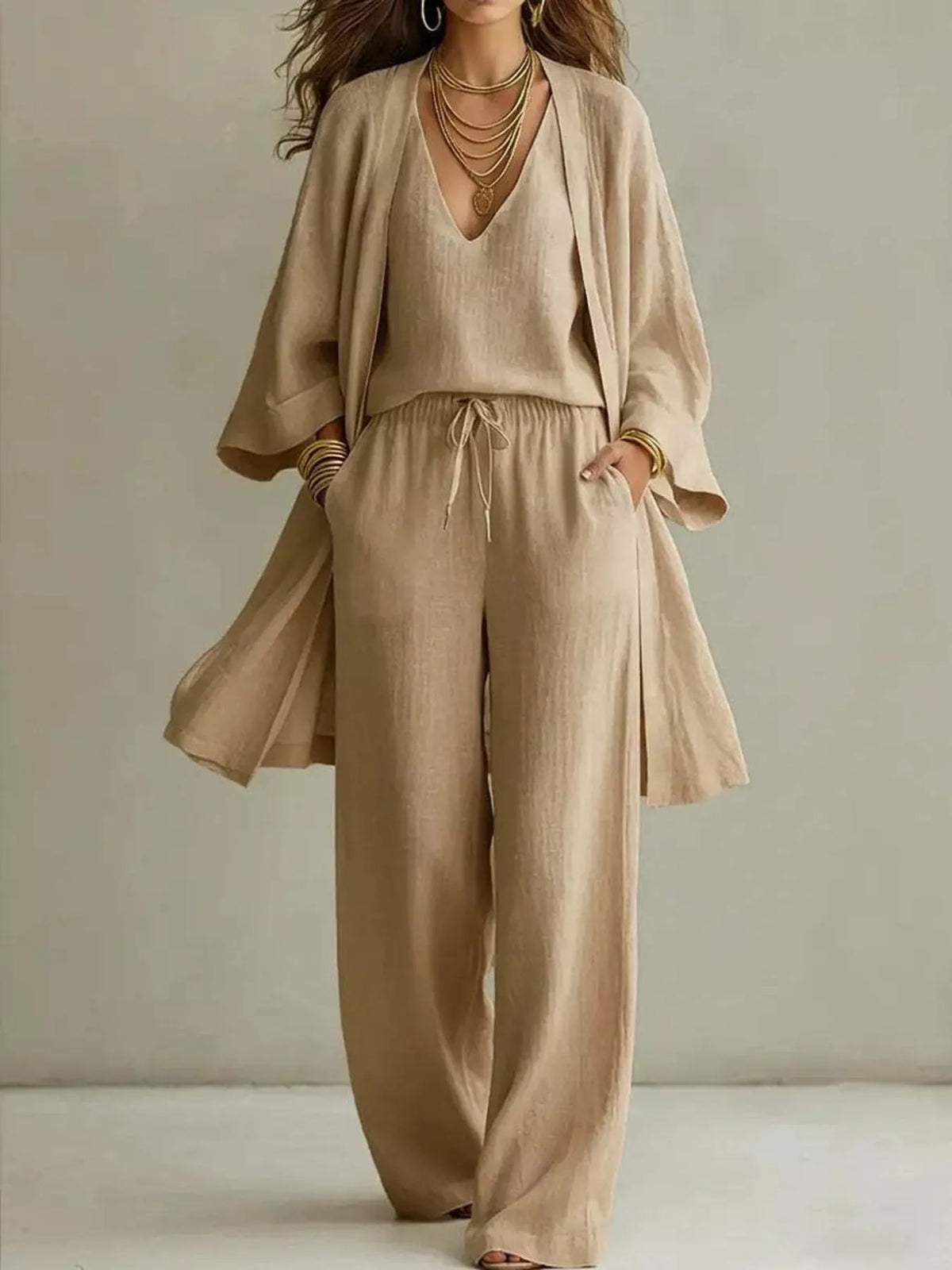 V-Neck Top & Cardigan & Pants Three-Piece Set - WYNFLARE