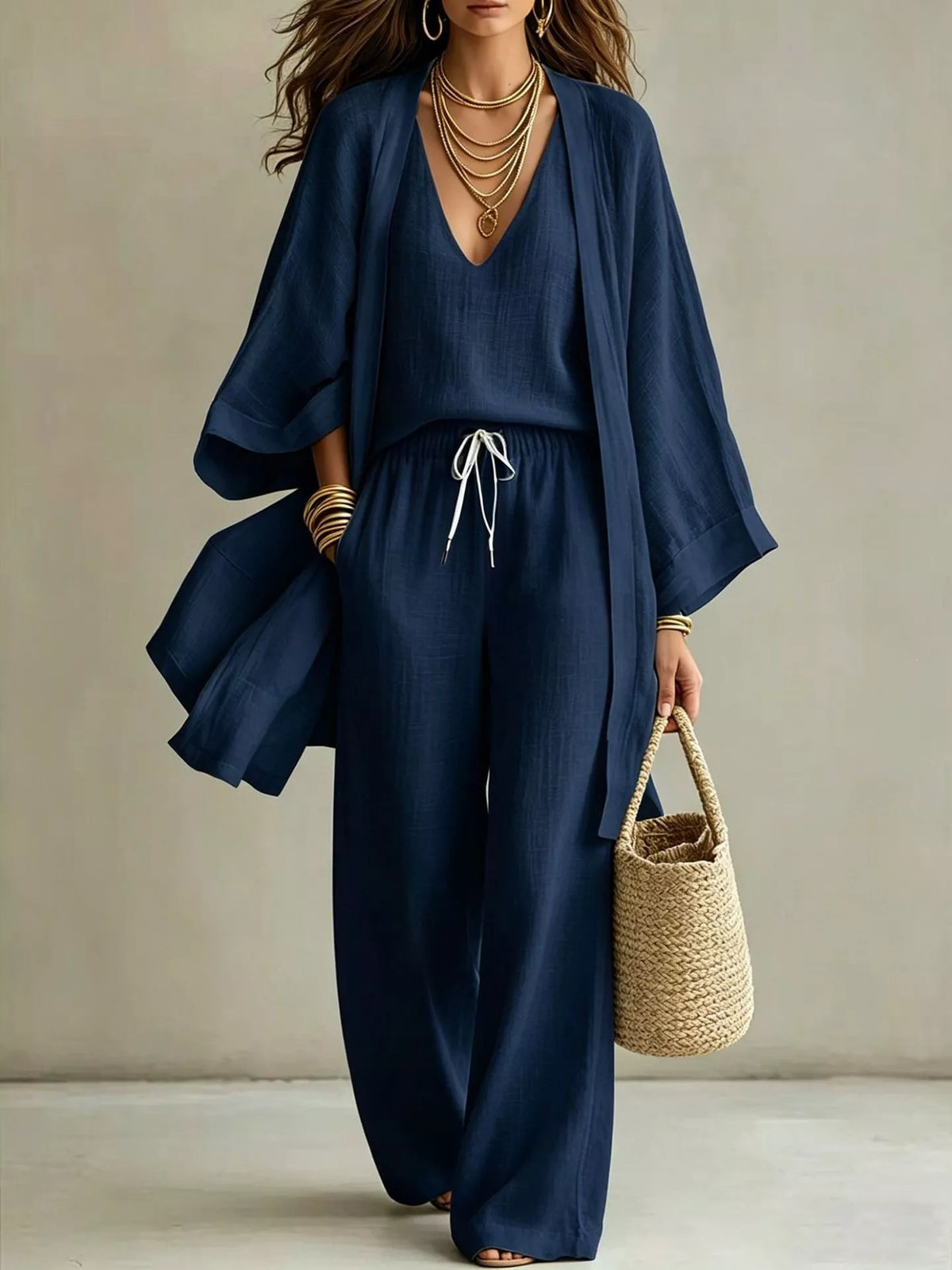 V-Neck Top & Cardigan & Pants Three-Piece Set - WYNFLARE