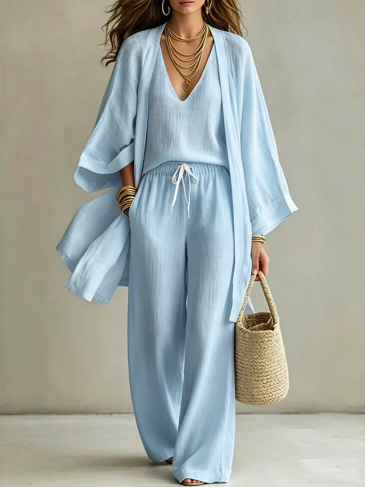 V-Neck Top & Cardigan & Pants Three-Piece Set - WYNFLARE