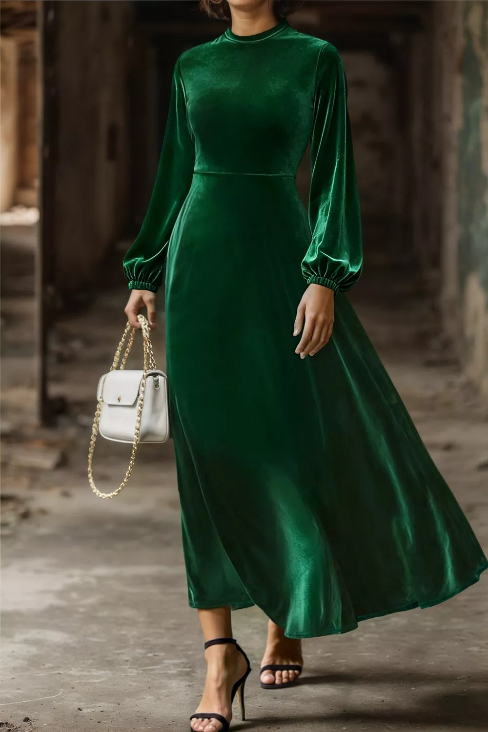 Velvet Balloon Sleeve Maxi Dress - WYNFLARE