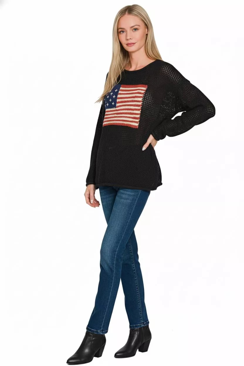 Zenana American Flag Crew Neck Sweater - WYNFLARE