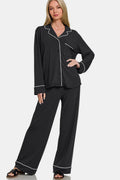 Zenana Button Down Long Sleeve Top and Pants Lounge Set - WYNFLARE