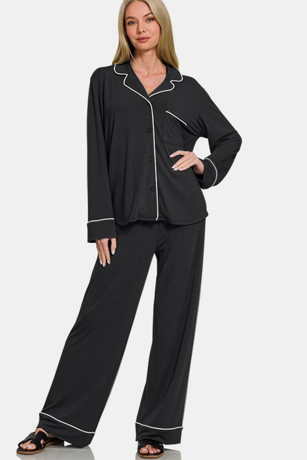 Zenana Button Down Long Sleeve Top and Pants Lounge Set - WYNFLARE