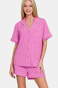 Zenana Button Down Short Sleeve Top and Shorts Lounge Set - WYNFLARE