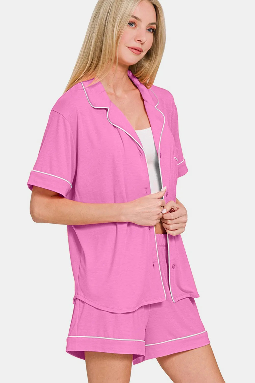 Zenana Button Down Short Sleeve Top and Shorts Lounge Set - WYNFLARE