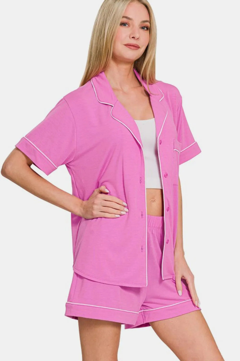 Zenana Button Down Short Sleeve Top and Shorts Lounge Set - WYNFLARE