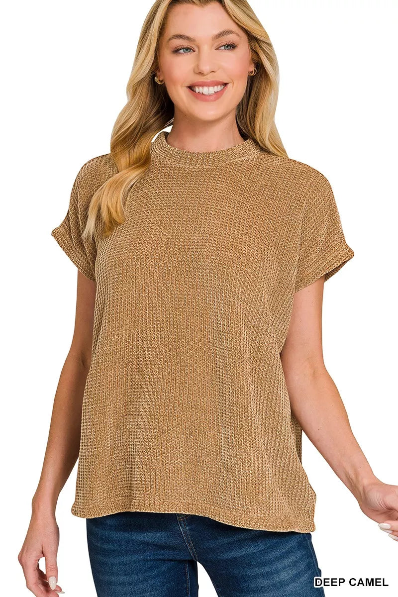 Zenana Chenille Waffle Cap Sleeve Sweater - WYNFLARE