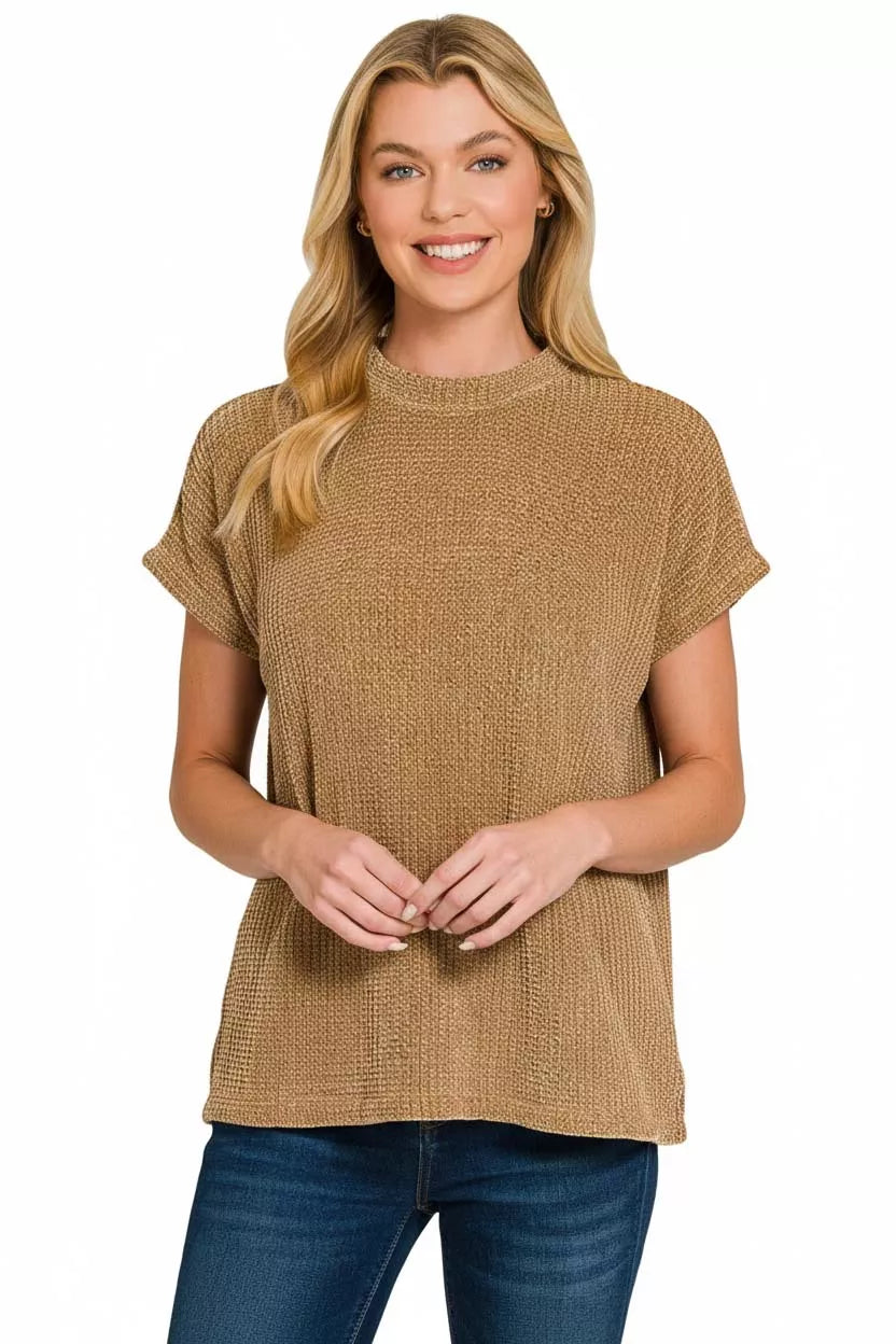 Zenana Chenille Waffle Cap Sleeve Sweater - WYNFLARE