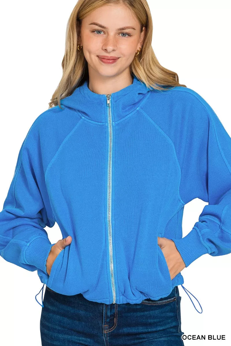 Zenana Fleece Pigment Dye Zip Up Hoodie with Pockets - WYNFLARE